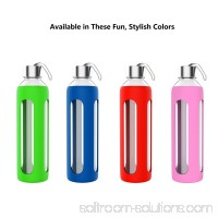 Glass Water Bottle- 20 Ounce BPA Free Bottle with Protective Silicone Sleeve, Leak Proof Lid and Carrying Loop by Classic Cuisine (Available in Green, Blue, Red, and Pink)   568326421